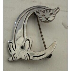 Rare Vintage Mexico Artisan Signed Sterling Silver Letter C Cat Brooch